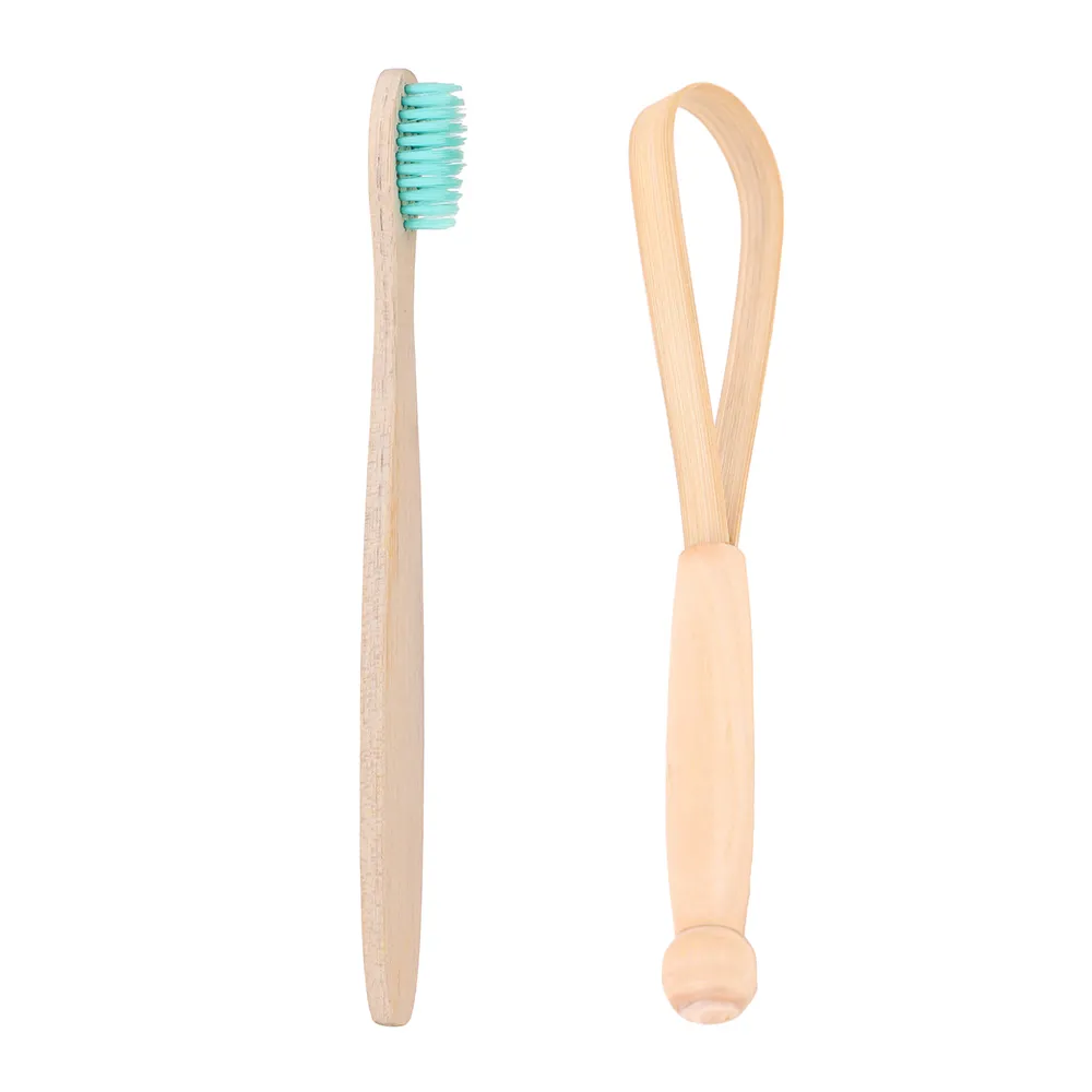 Organic Wood Toothbrush Aqua + Bamboo Tongue Scraper