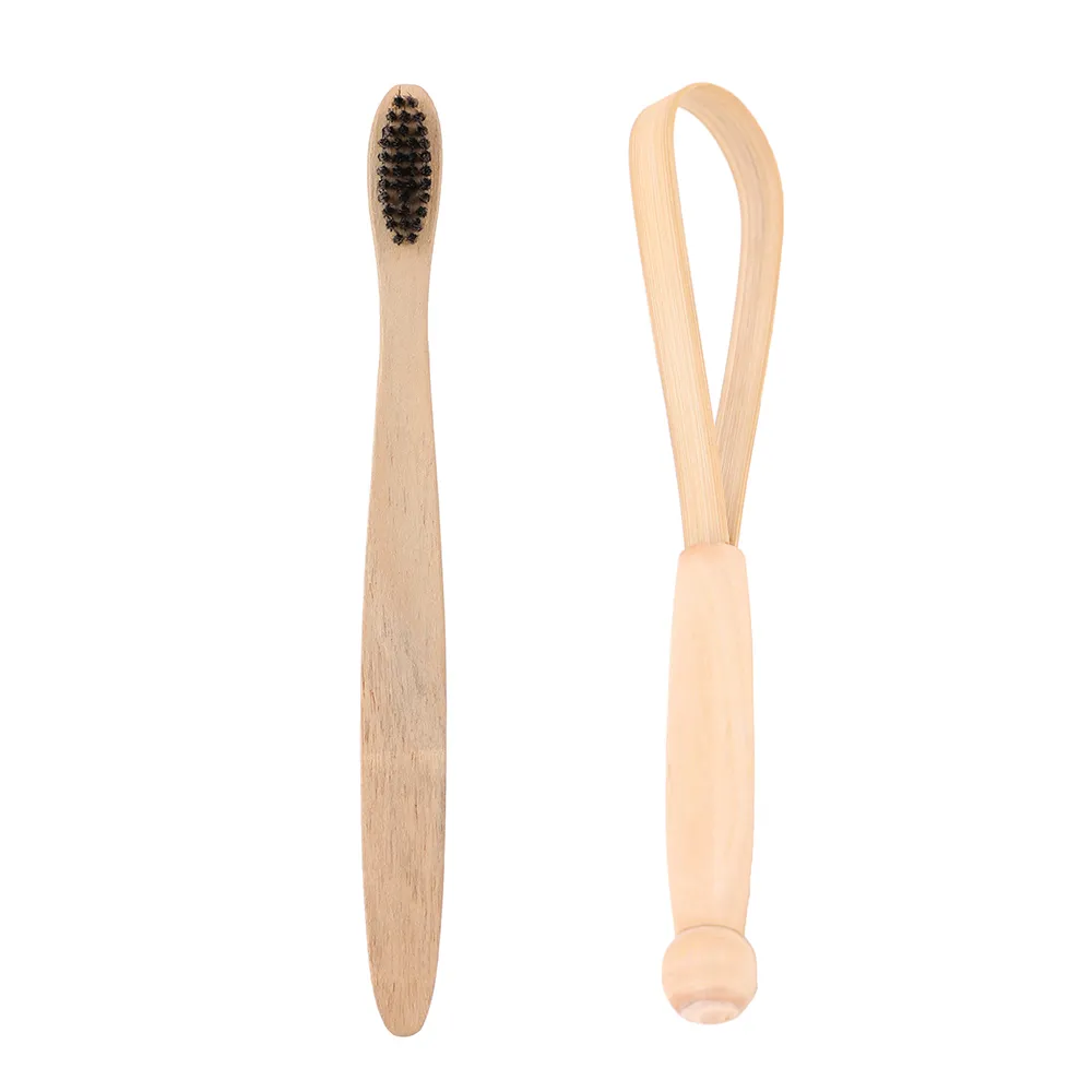 Organic Wood Toothbrush Black + Bamboo Tongue Scraper