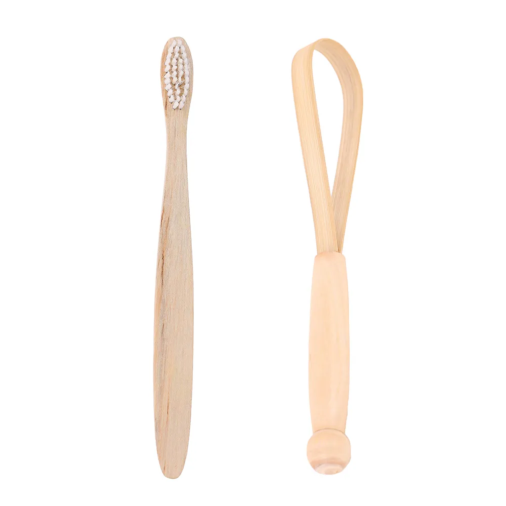 Organic Wood Toothbrush White + Bamboo Tongue Scraper